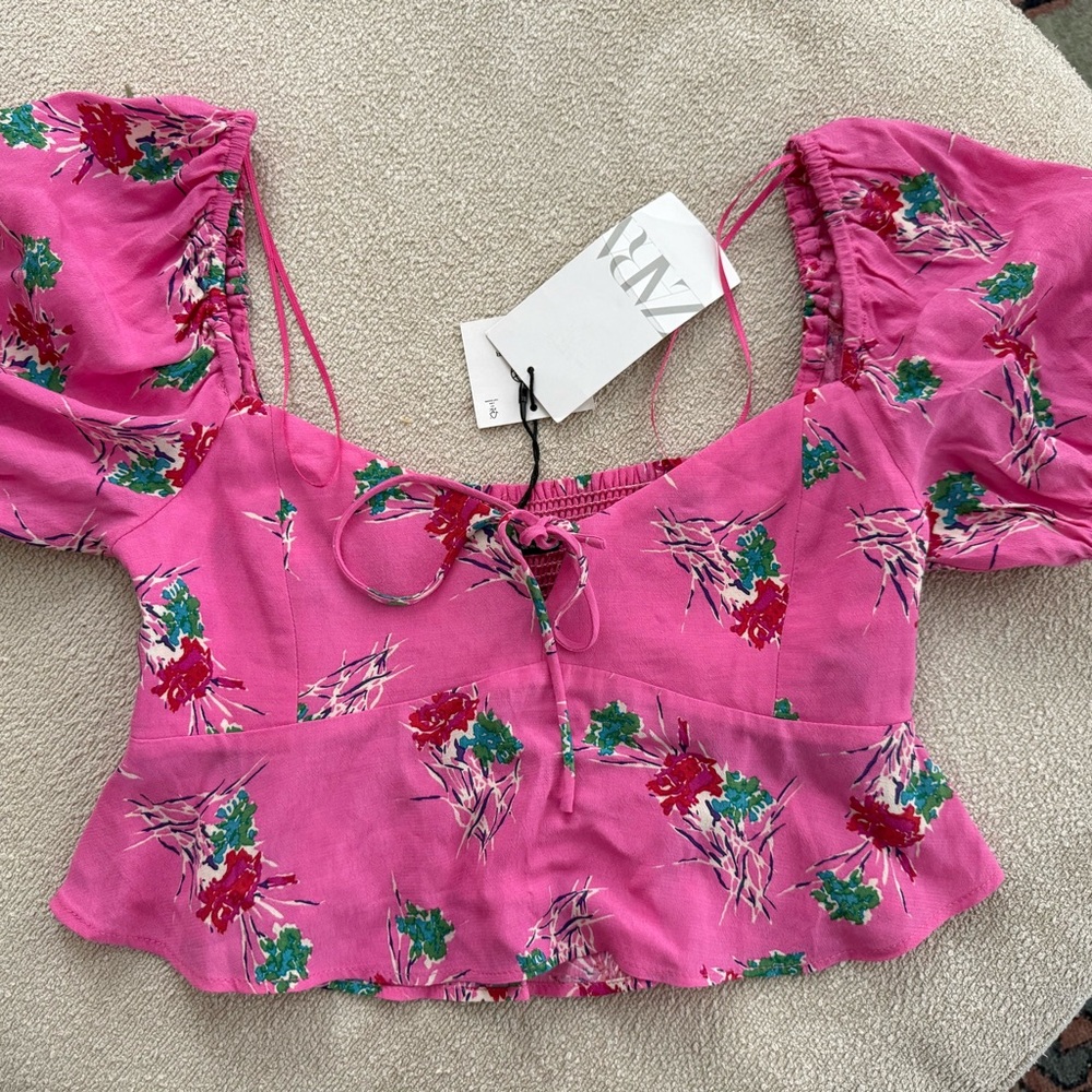 Zara Pink Flutter Sleeve Crop Blouse